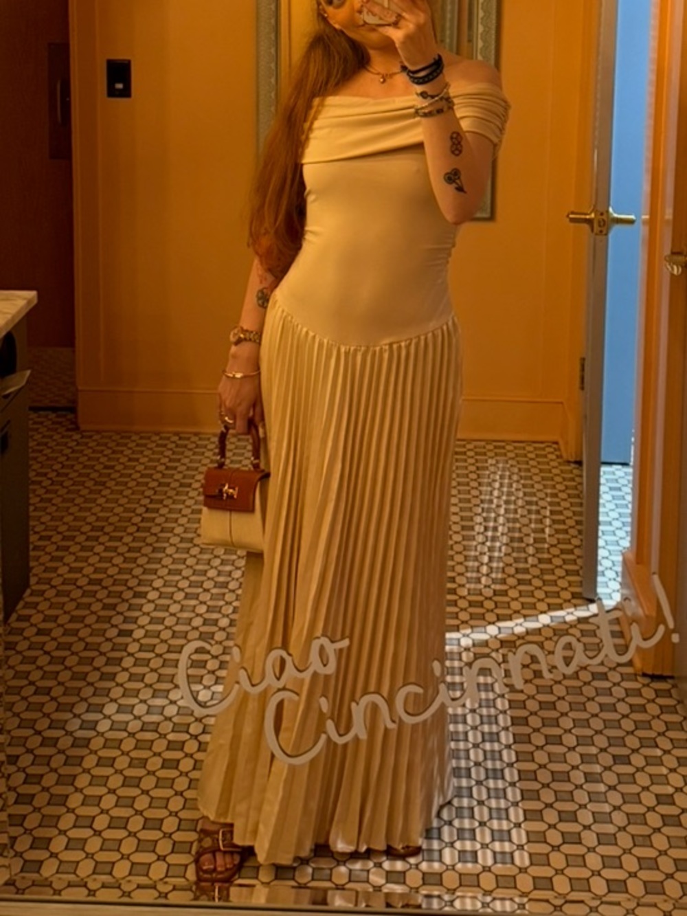 Off-Shoulder Pleated Maxi Dress in Beige